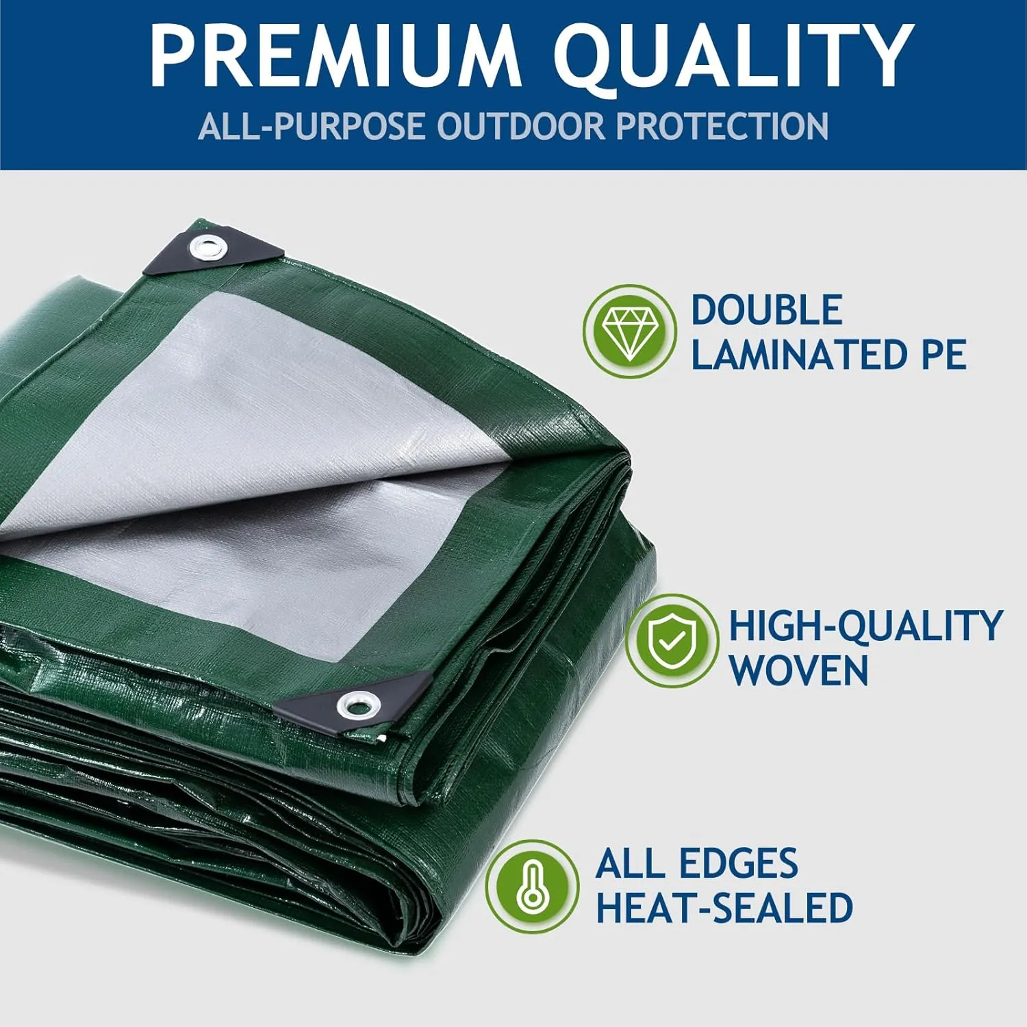 10 Mil Heavy Duty Waterproof Tarps, 16x20 Ft Finished Size Tarps, Premium Tarp with Metal Grommets & Reinforced Edge, Multipurpose Thick Poly Tarp for Car, Boat, Roof, Camping - Green