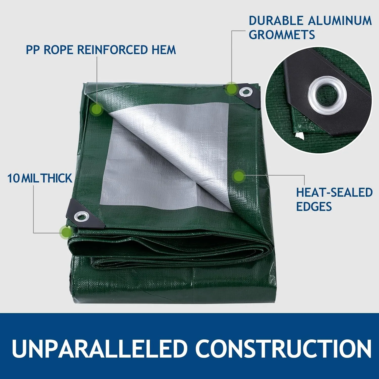 10 Mil Heavy Duty Waterproof Tarps, 16x20 Ft Finished Size Tarps, Premium Tarp with Metal Grommets & Reinforced Edge, Multipurpose Thick Poly Tarp for Car, Boat, Roof, Camping - Green