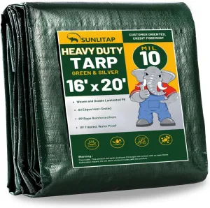 10 Mil Heavy Duty Waterproof Tarps, 16x20 Ft Finished Size Tarps, Premium Tarp with Metal Grommets & Reinforced Edge, Multipurpose Thick Poly Tarp for Car, Boat, Roof, Camping - Green