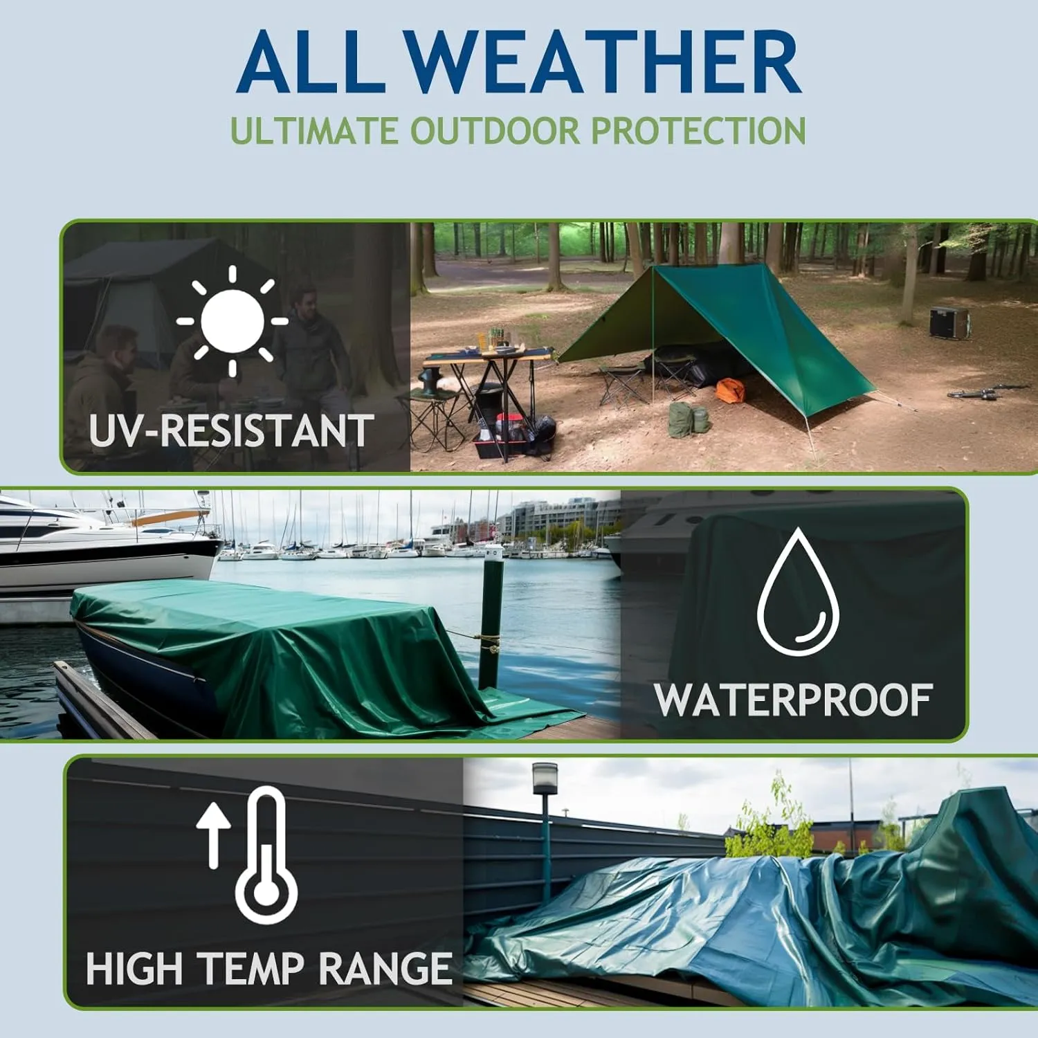 10 Mil Heavy Duty Waterproof Tarps, 16x20 Ft Finished Size Tarps, Premium Tarp with Metal Grommets & Reinforced Edge, Multipurpose Thick Poly Tarp for Car, Boat, Roof, Camping - Green