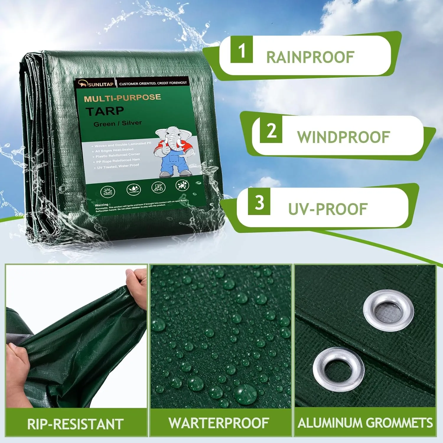 10 Mil Heavy Duty Waterproof Tarps, 16x20 Ft Finished Size Tarps, Premium Tarp with Metal Grommets & Reinforced Edge, Multipurpose Thick Poly Tarp for Car, Boat, Roof, Camping - Green