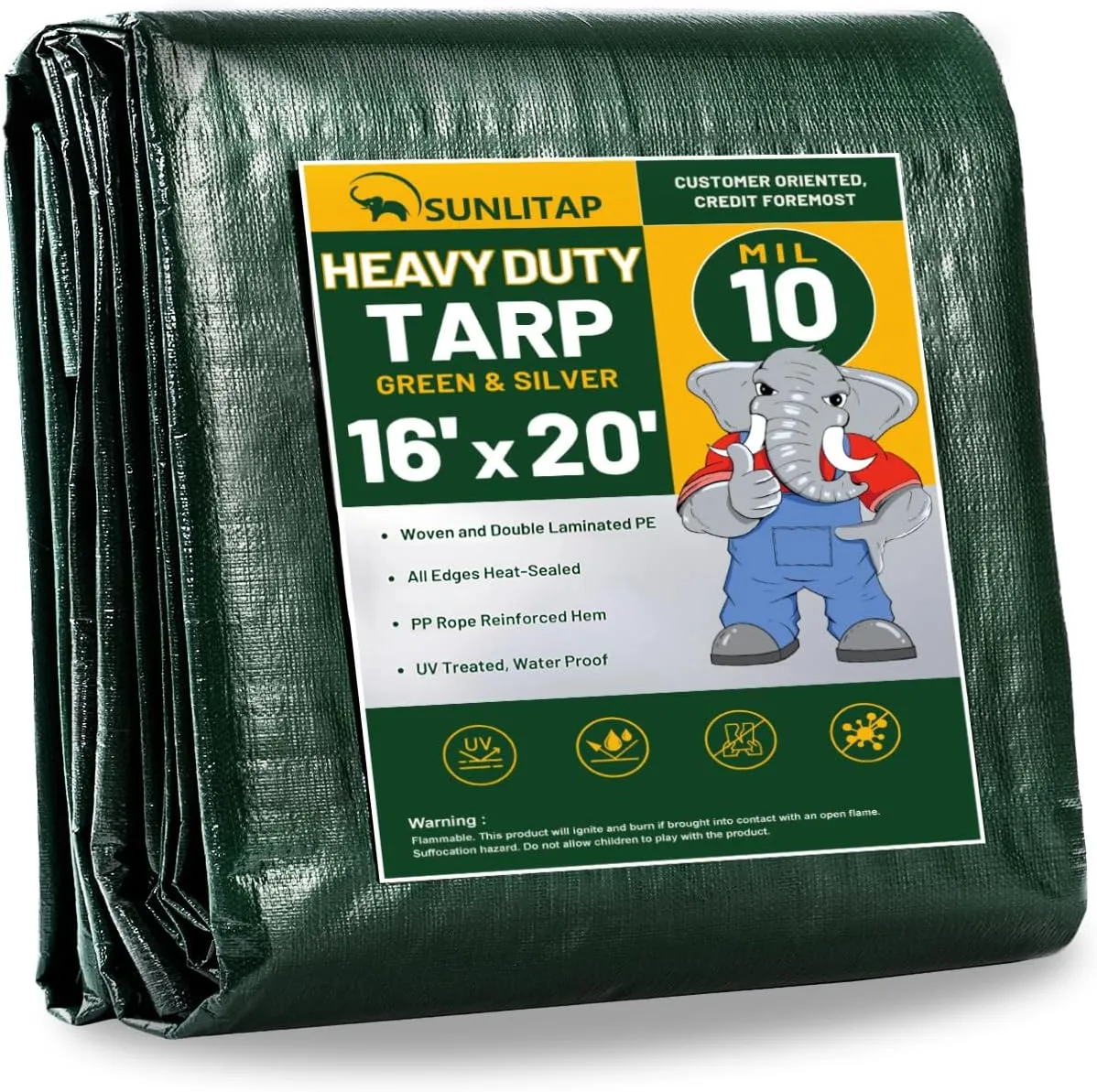 10 Mil Heavy Duty Waterproof Tarps, 16x20 Ft Finished Size Tarps, Premium Tarp with Metal Grommets & Reinforced Edge, Multipurpose Thick Poly Tarp for Car, Boat, Roof, Camping - Green