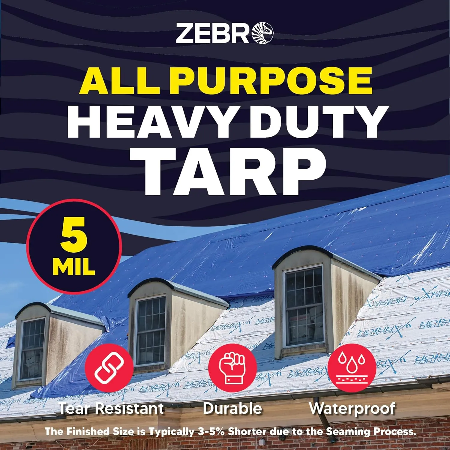 10' x 10' Blue Tarp with Grommets Reinforced - 5 Mil Thick - Durable UV Resistant Plastic Tarps Waterproof - Large Tarpaulin Cover for Outdoor Camping Over/Under Tent Tarp RV Roof Rain - Zebro