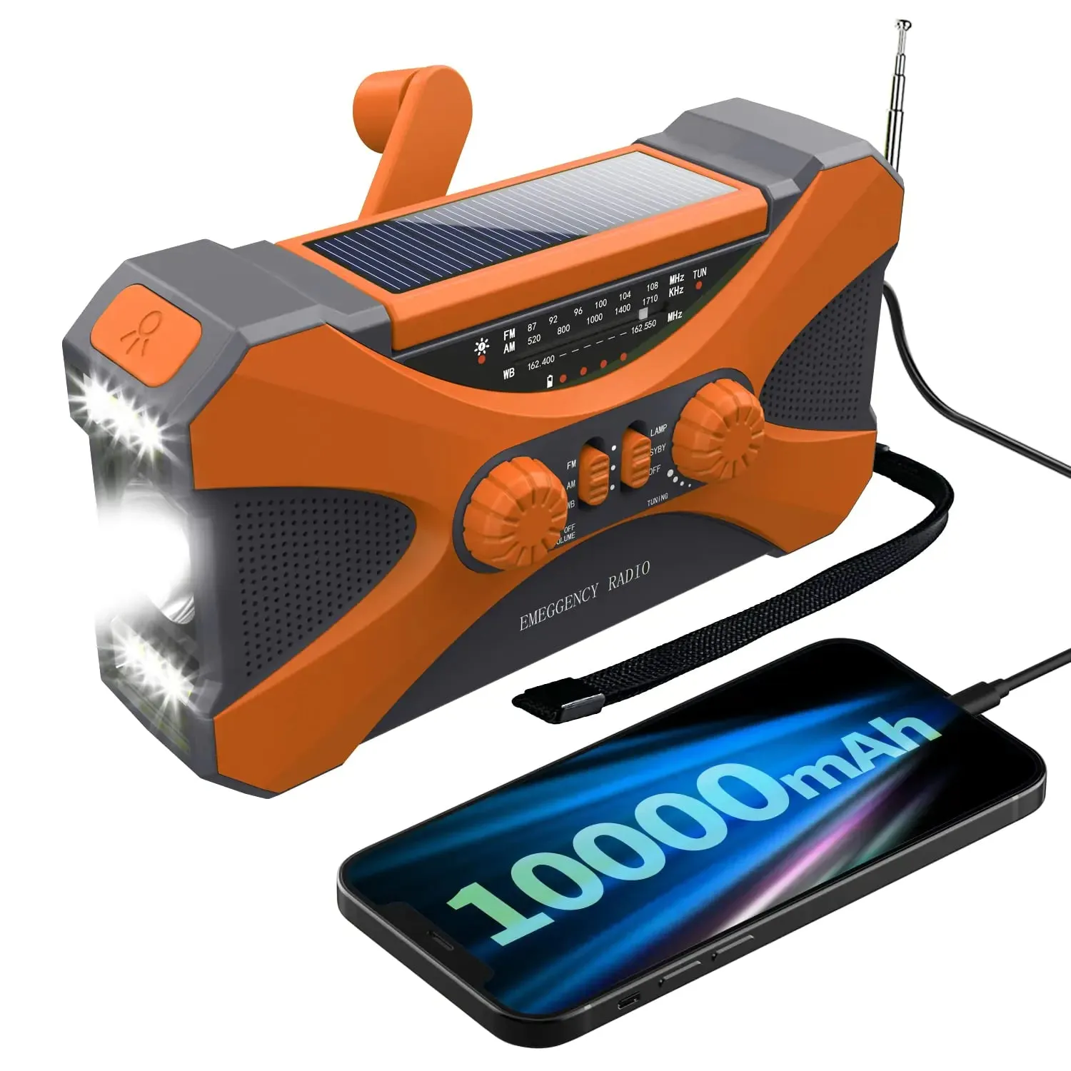 【10000mAh】 Emergency Radio Hand Crank Solar NOAA Weather Radio Multiple Power SourcesFlashlight Reading LampCell Phone Charger SOS Alarm Portable AM/FM/WB Radio with Headphone Jack (Orange)