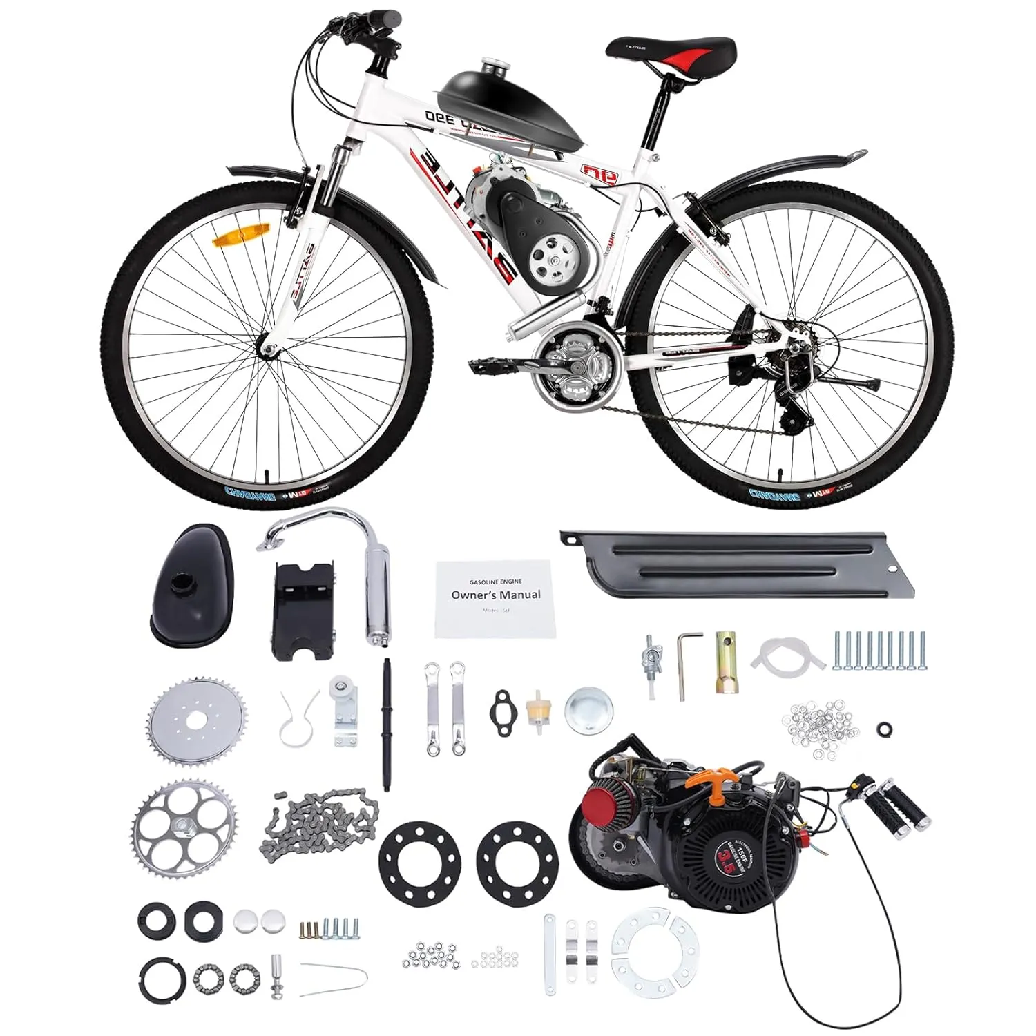 100CC 4-Stroke Bicycle Engine Kit 3HP Gas Powered Engine Motor Kit Single Cylinder Air Cooling Bicycle Conversion Kit 2KW Recoil Start Bicycle Engine Kit (Chain Style)