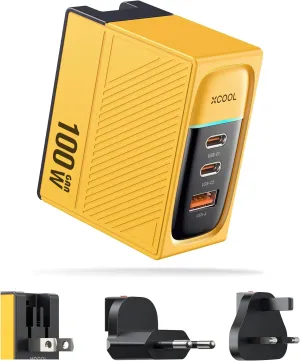 100W USB-C Charger, 3 Ports Fast GaN Charger, Compact Foldable 100W PD Charger with US/UK/EU Plugs Compatible with MacBook Pro/Air, iPad Pro/Air, iPhone 16/15/14/13/12, Galaxy S24/S23, etc