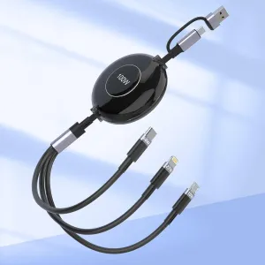 100W USB C to Multi Charging Cable, iPhone 15 Retractable Charging Cable with Type C 60W IP 27W Micro USB 10W Multi Phone Charger for iPhone 15 14 13 12/Samsung S24 S23/Pad/MacBook/Tablet 4FT Black
