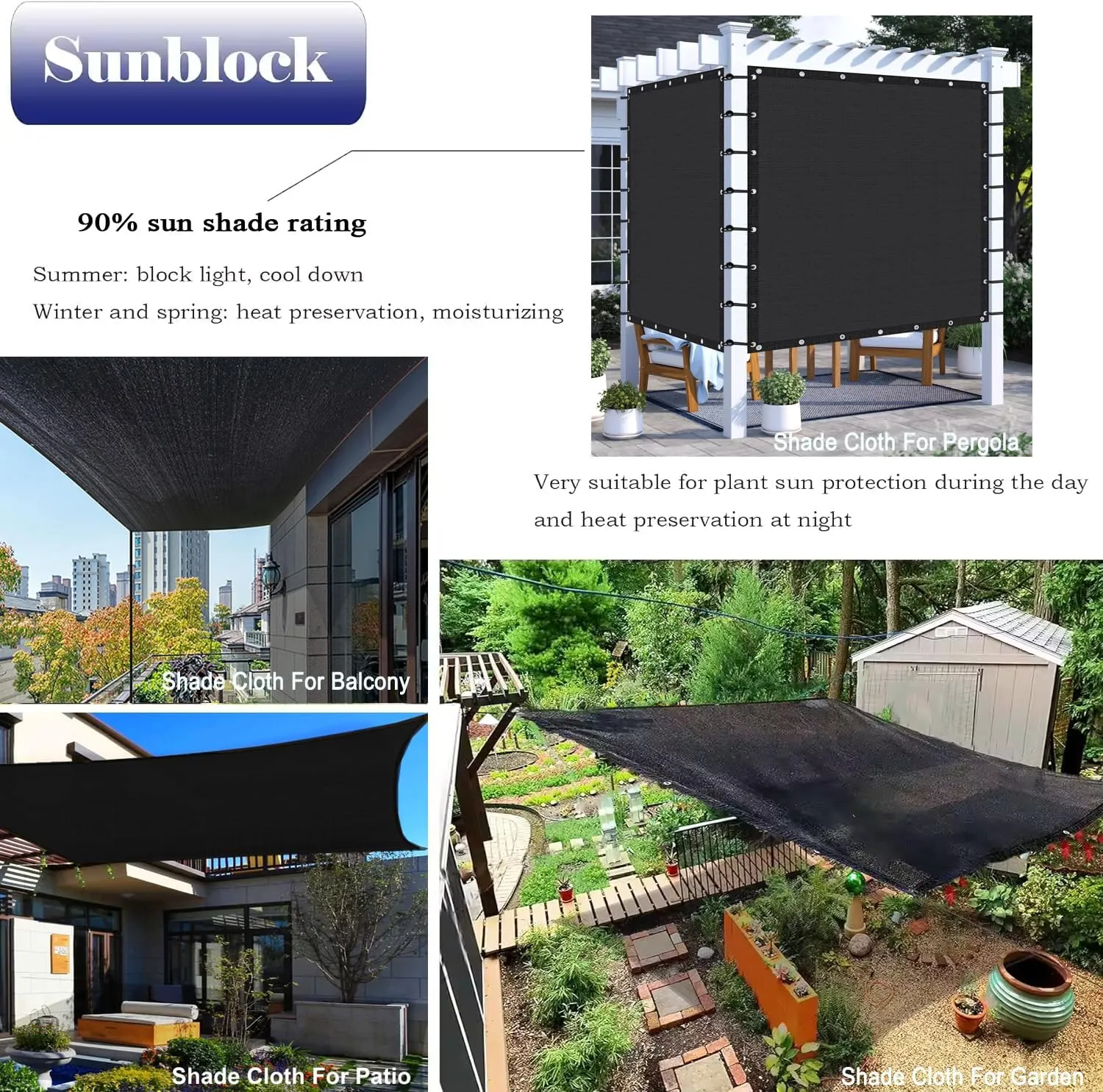 10X20Ft Shade Cloth for Garden, 90% Black Sun Shade Mesh for Plants Heat Protection, Outdoor Sunblock Mesh Tarp for Greenhouse, Plant Cover, Balcony, Gazebo, Deck, Porch, Carport