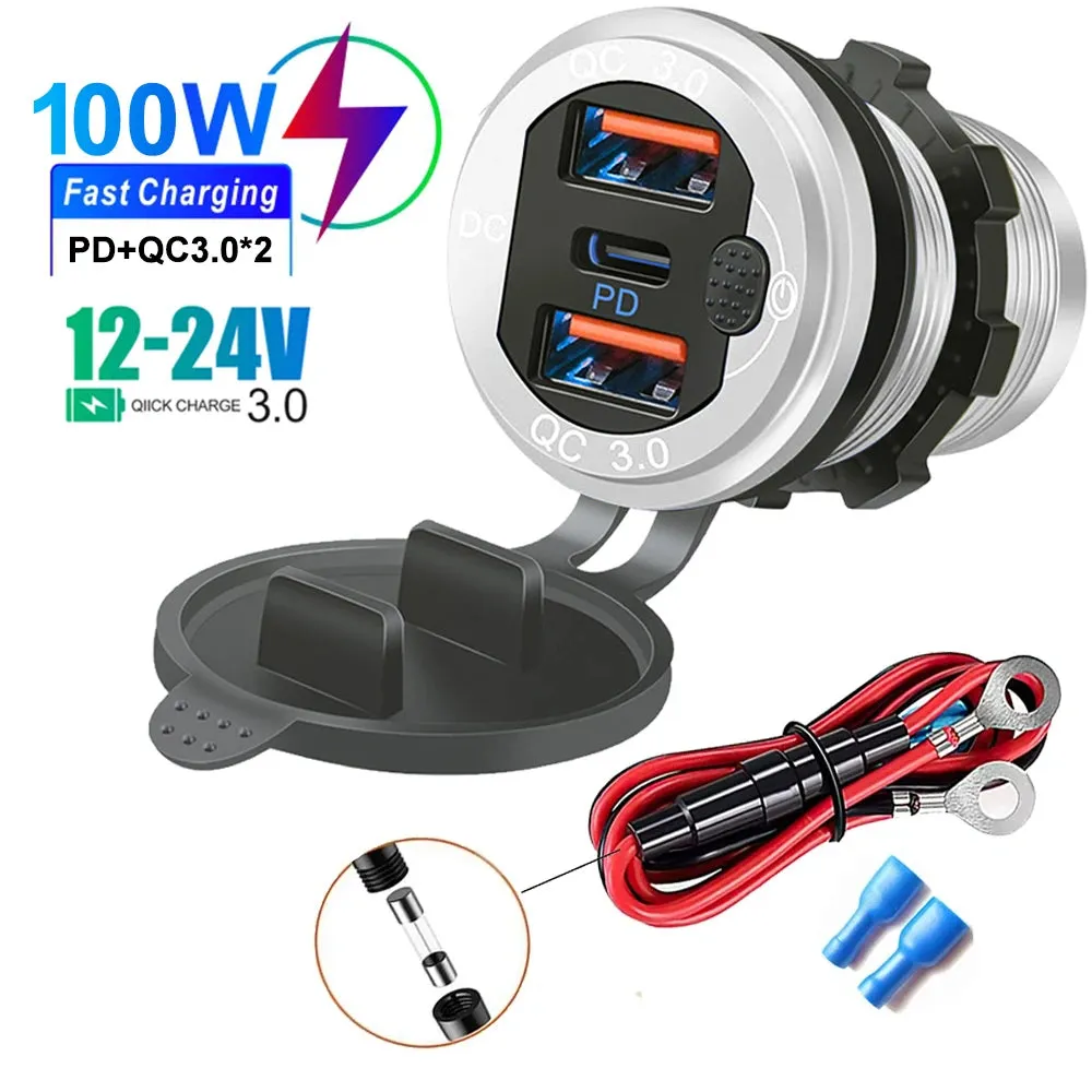 115W Car Charger with QC3.0, PD, Voltmeter, USB Ports
