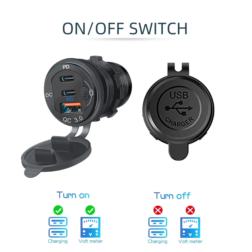 115W Car Charger with QC3.0, PD, Voltmeter, USB Ports