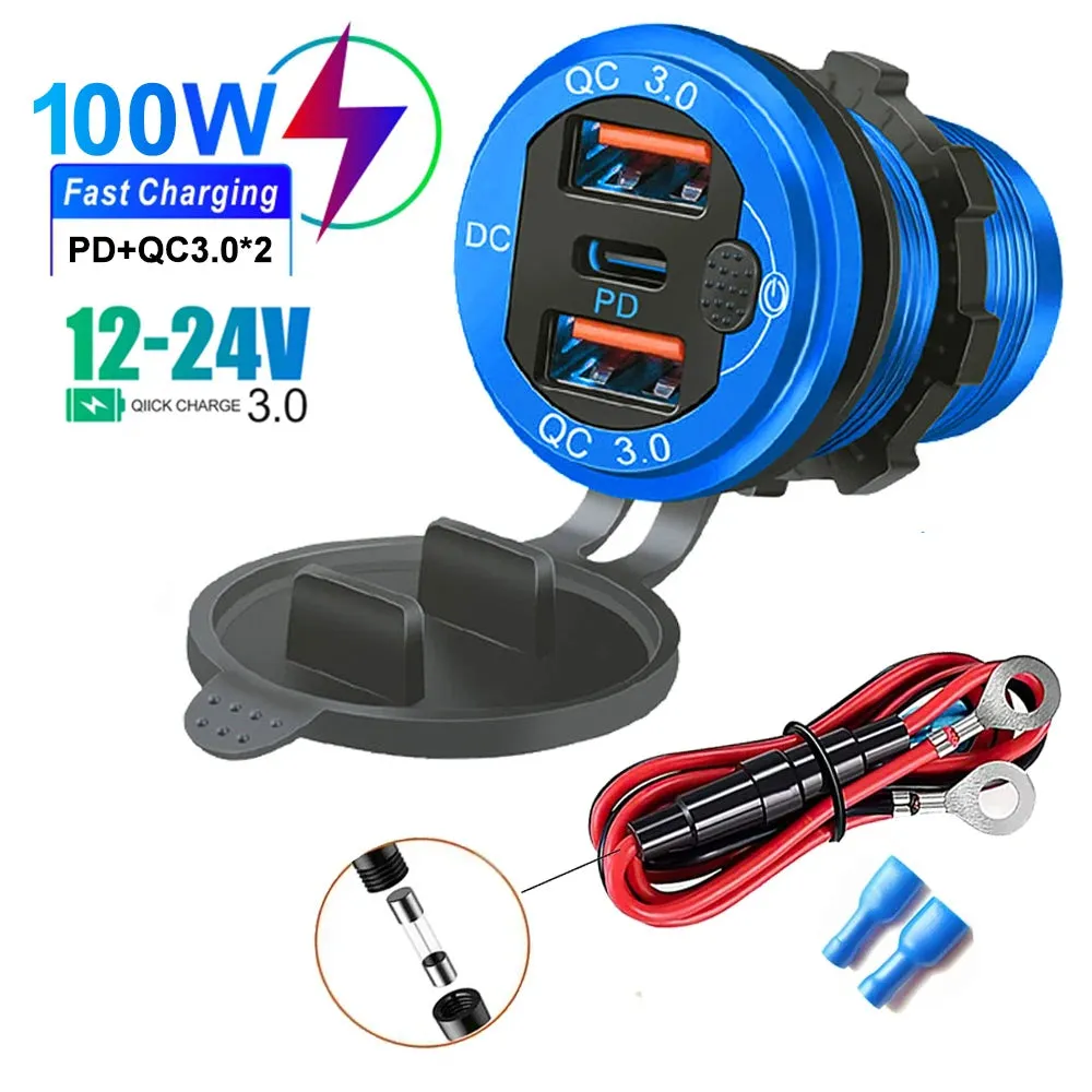 115W Car Charger with QC3.0, PD, Voltmeter, USB Ports