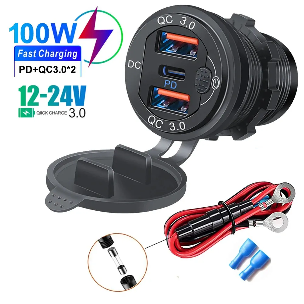 115W Car Charger with QC3.0, PD, Voltmeter, USB Ports