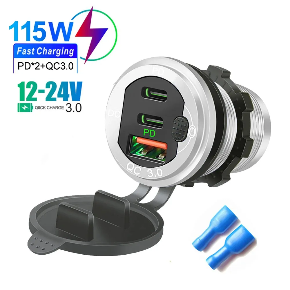 115W Car Charger with QC3.0, PD, Voltmeter, USB Ports
