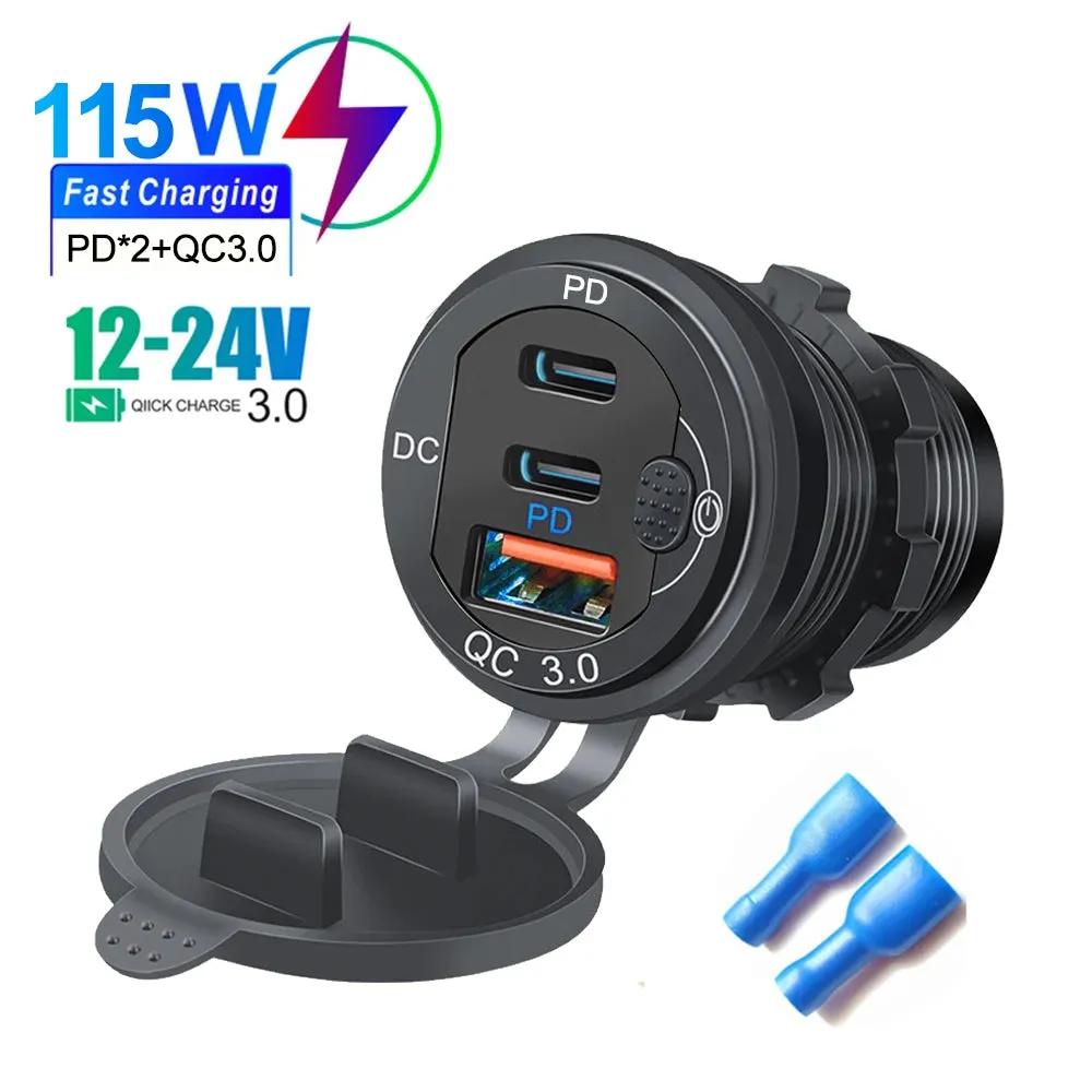 115W Car Charger with QC3.0, PD, Voltmeter, USB Ports