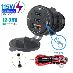 115W Car Charger with QC3.0, PD, Voltmeter, USB Ports