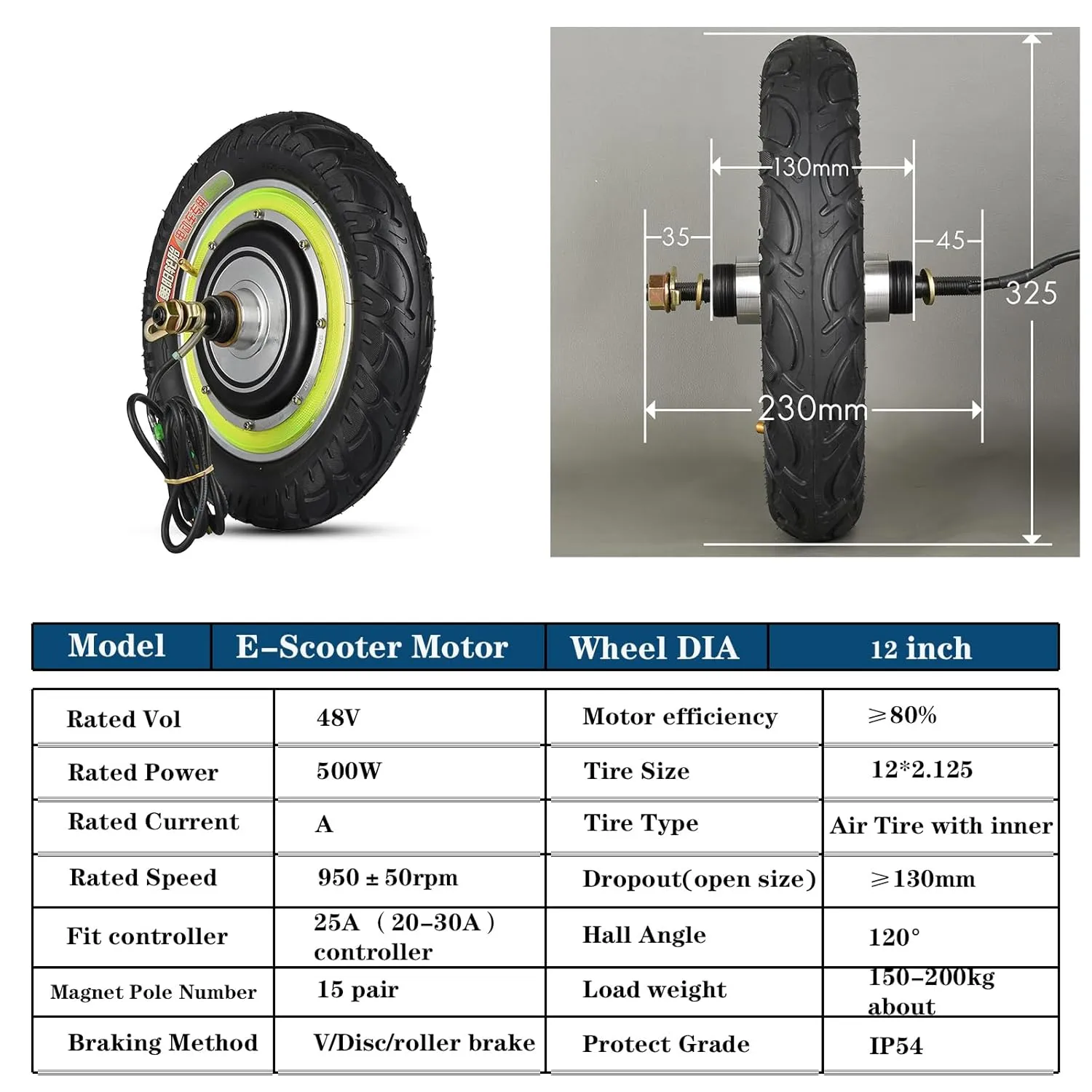 12 inch Electric Scooter Hub Motor Wheel 48V 500W Wheel Motor Brushless Gearless Hub Motor E Scooter Conversion Kits 30H Magnet (12inch 48V500W)