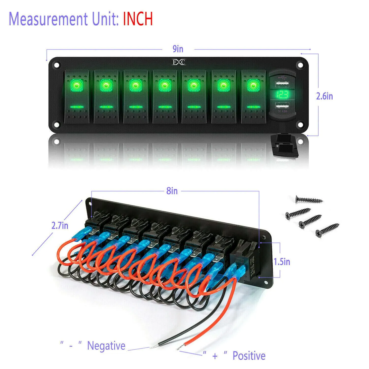 12V 24V Rocker Switch Panel 7 Gang Toggle Switches Waterproof ON/Off Green LED Backlight with 4.8 Amps Dual USB Voltmeter for Boat Car Marine Truck Trailer Caravan