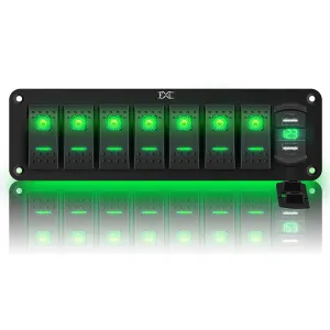 12V 24V Rocker Switch Panel 7 Gang Toggle Switches Waterproof ON/Off Green LED Backlight with 4.8 Amps Dual USB Voltmeter for Boat Car Marine Truck Trailer Caravan