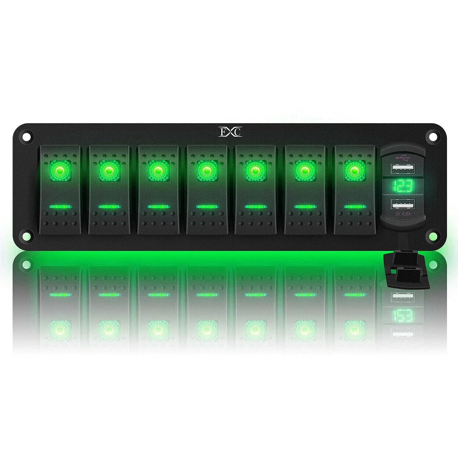 12V 24V Rocker Switch Panel 7 Gang Toggle Switches Waterproof ON/Off Green LED Backlight with 4.8 Amps Dual USB Voltmeter for Boat Car Marine Truck Trailer Caravan