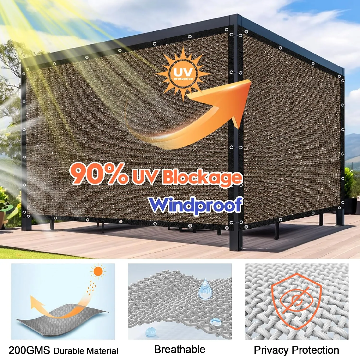 12'X 16' 90% Sun Shade Cloth Outdoor Patio Mocha Pergola Shades Cover Privacy Screen UV Block Porch Screens Canopy for Patio Outside Outdoor