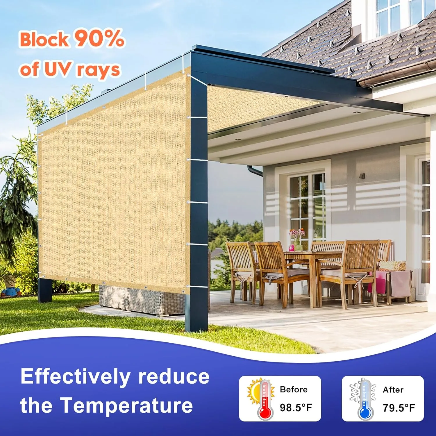 12'X 16' 90% Sun Shade Cloth Outdoor Patio Wheat Pergola Shades Cover Privacy Screen UV Block Porch Screens Canopy for Patio Outside Outdoor