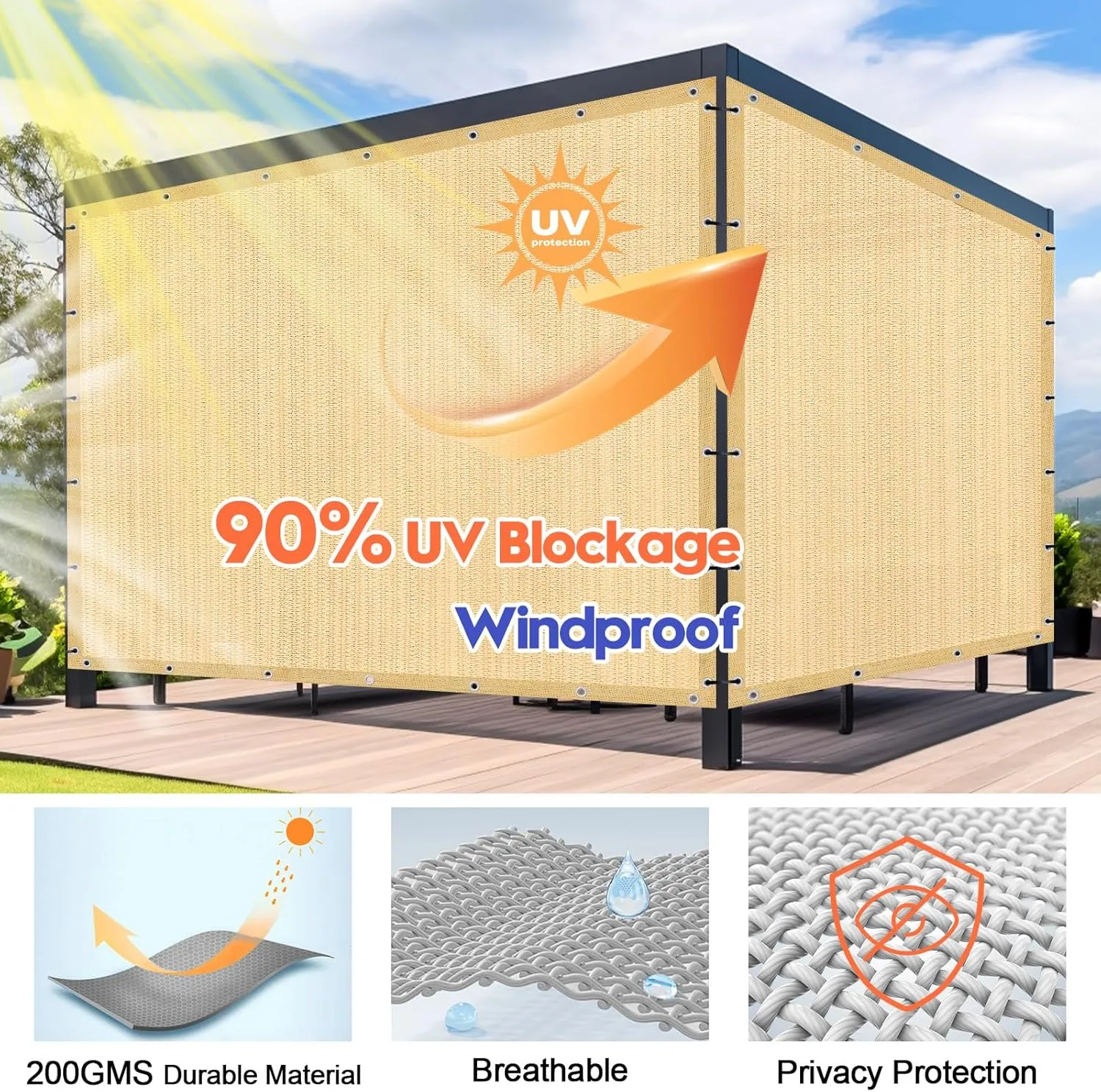 12'X 16' 90% Sun Shade Cloth Outdoor Patio Wheat Pergola Shades Cover Privacy Screen UV Block Porch Screens Canopy for Patio Outside Outdoor