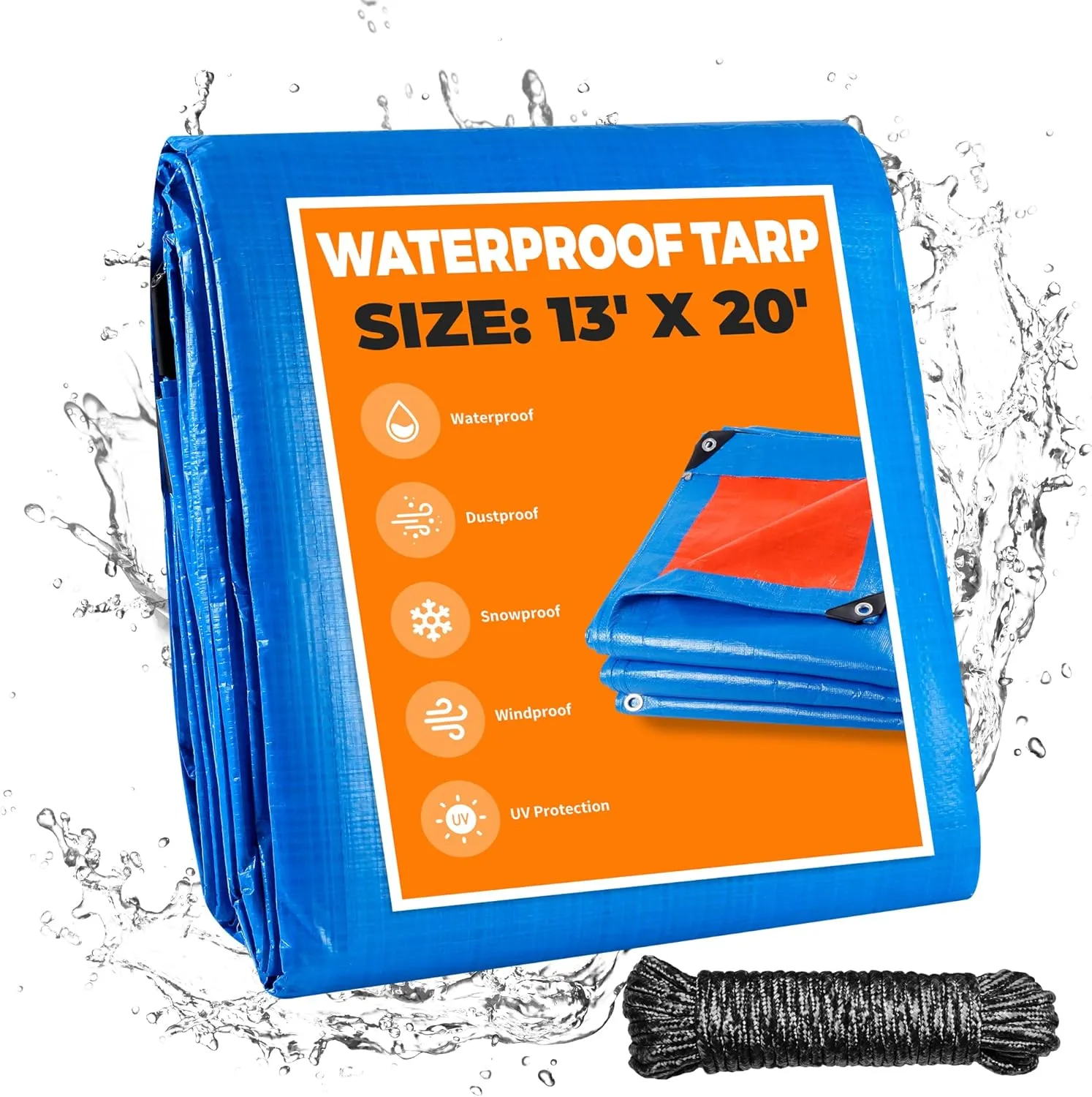 13' X 20' Blue Heavy Duty Waterproof Tarp, UV Resistant All Weather Tarps with Rustproof Grommets, Outdoor Protective Tarpaulin Cover for Outdoor Camping, Deck, Roof, Pool, Tent, Boat, RV