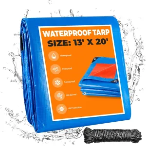 13' X 20' Blue Heavy Duty Waterproof Tarp, UV Resistant All Weather Tarps with Rustproof Grommets, Outdoor Protective Tarpaulin Cover for Outdoor Camping, Deck, Roof, Pool, Tent, Boat, RV