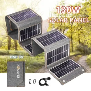130W/80W Folding Solar Panel USB 5V Solar Charger | Portable Solar Cell Outdoor Power Bank for Camping and Hiking   3 in 1 Cable