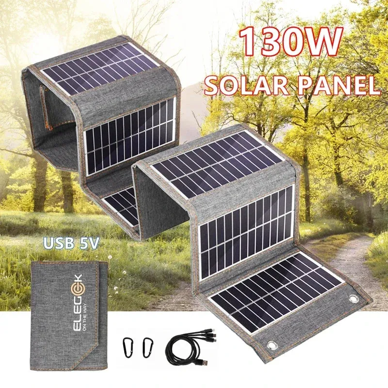 130W/80W Folding Solar Panel USB 5V Solar Charger | Portable Solar Cell Outdoor Power Bank for Camping and Hiking   3 in 1 Cable
