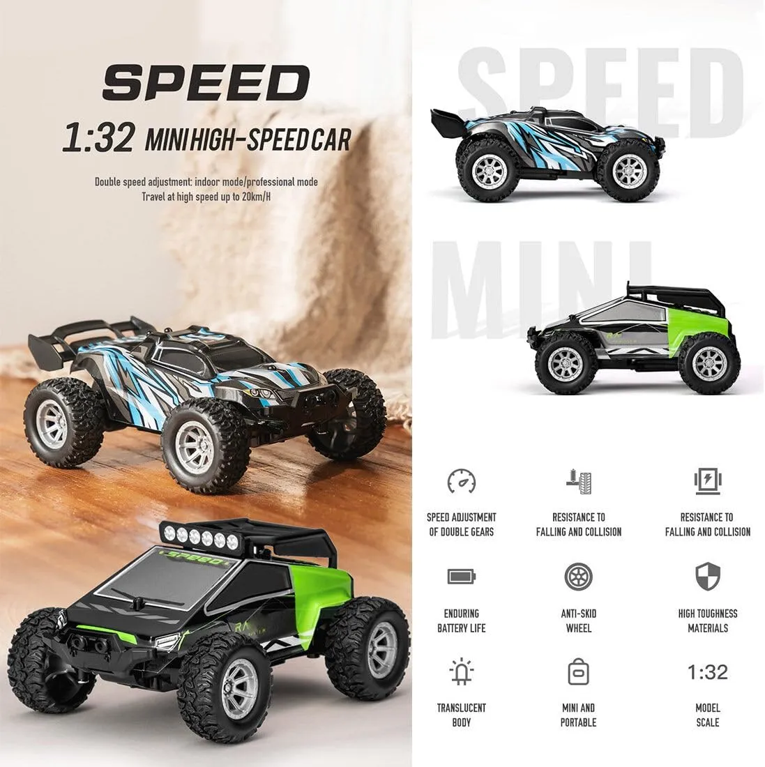 1/32 20KM/H RC High-Speed Off-Road Drift Car, Mini 2.4G Electric Off-Road Vehicle Model, Creative Vehicle Toys for Kids Adults (RTR Version)