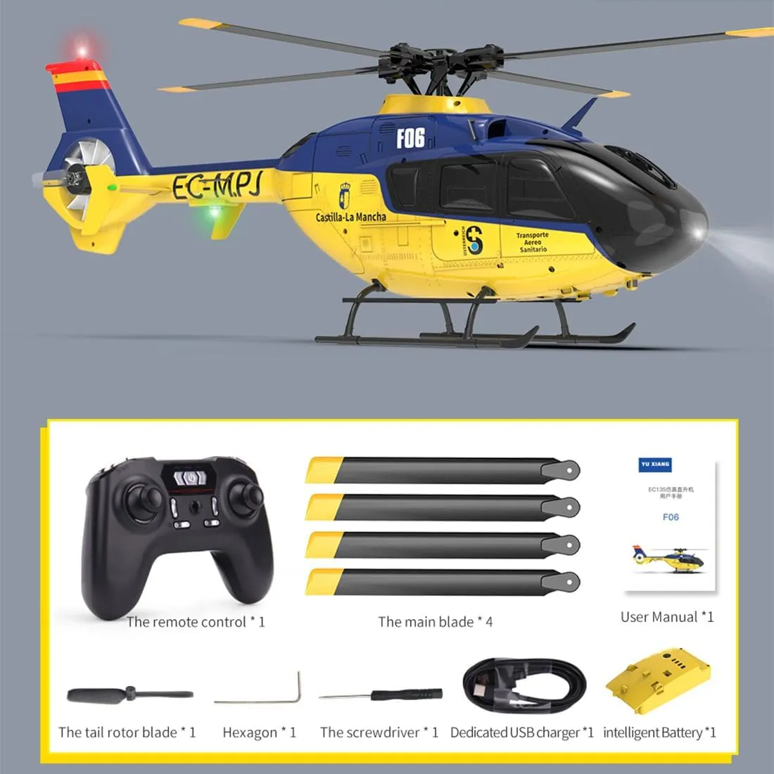 1/36 Scale Remote Control Helicopter, 2.4G 6CH RC 3D/6G Aircraft, YU Xiang EC-135 Direct Drive Brushless Helicopter (RTF Version/Mode 1)