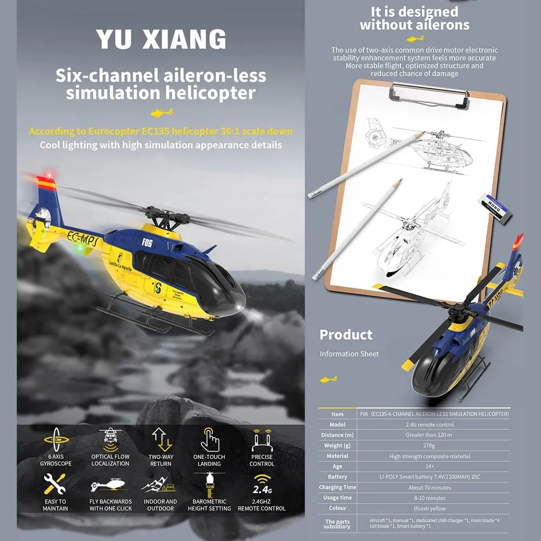 1/36 Scale Remote Control Helicopter, 2.4G 6CH RC 3D/6G Aircraft, YU Xiang EC-135 Direct Drive Brushless Helicopter (RTF Version/Mode 1)