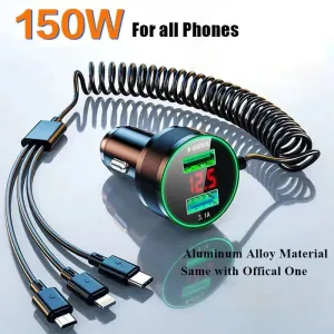 150W USB Car Charger Adapter - Fast Charge with 3-in-1 Cable