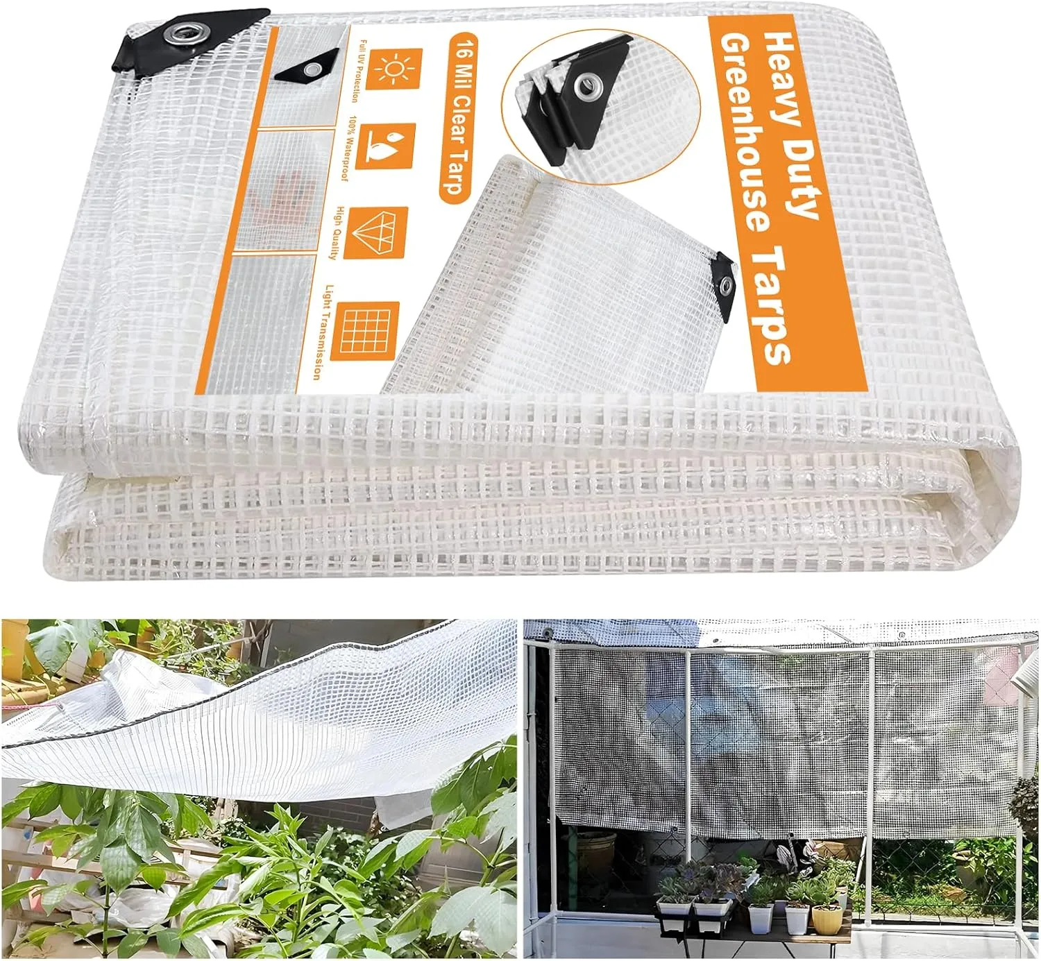 16 Mil Greenhouse Cover,Clear Plastic Tarps Heavy Duty Waterproof 8x10,UV Resistant Poly Clear Tarps with Grommets, Greenhouse Heavy Duty Tarp for Gardening, Farming, Nursery, Garden