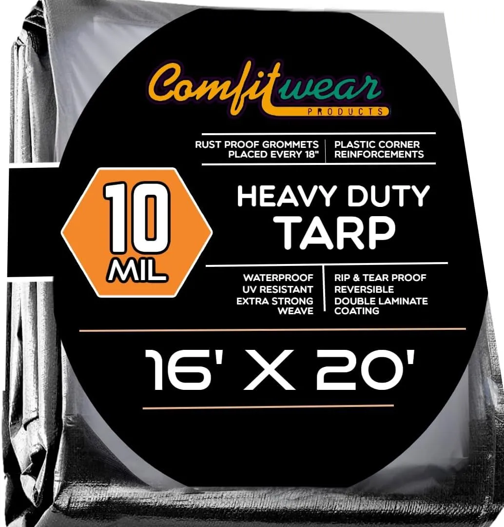16' x 20' Heavy Duty Silver/Black Waterproof UV Blocking 10 Mil Poly Tarp