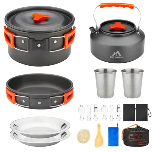 17pcs Camping Cookware Kit,0.45Gal Pot,7" Pan,0.30Gal Kettle Set w/ 2 Cups