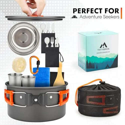 17pcs Camping Cookware Kit,0.45Gal Pot,7" Pan,0.30Gal Kettle Set w/ 2 Cups