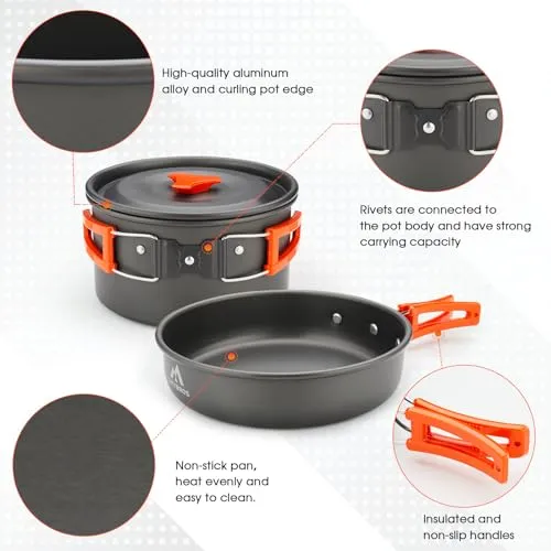 17pcs Camping Cookware Kit,0.45Gal Pot,7" Pan,0.30Gal Kettle Set w/ 2 Cups