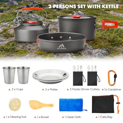 17pcs Camping Cookware Kit,0.45Gal Pot,7" Pan,0.30Gal Kettle Set w/ 2 Cups