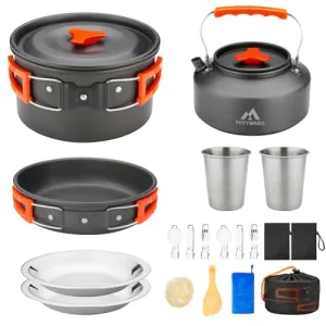 17pcs Camping Cookware Kit,0.45Gal Pot,7" Pan,0.30Gal Kettle Set w/ 2 Cups