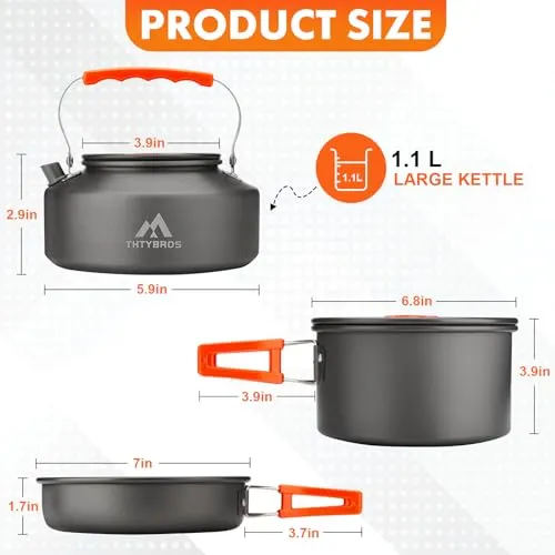 17pcs Camping Cookware Kit,0.45Gal Pot,7" Pan,0.30Gal Kettle Set w/ 2 Cups
