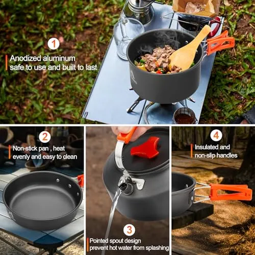 17pcs Camping Cookware Kit,0.45Gal Pot,7" Pan,0.30Gal Kettle Set w/ 2 Cups