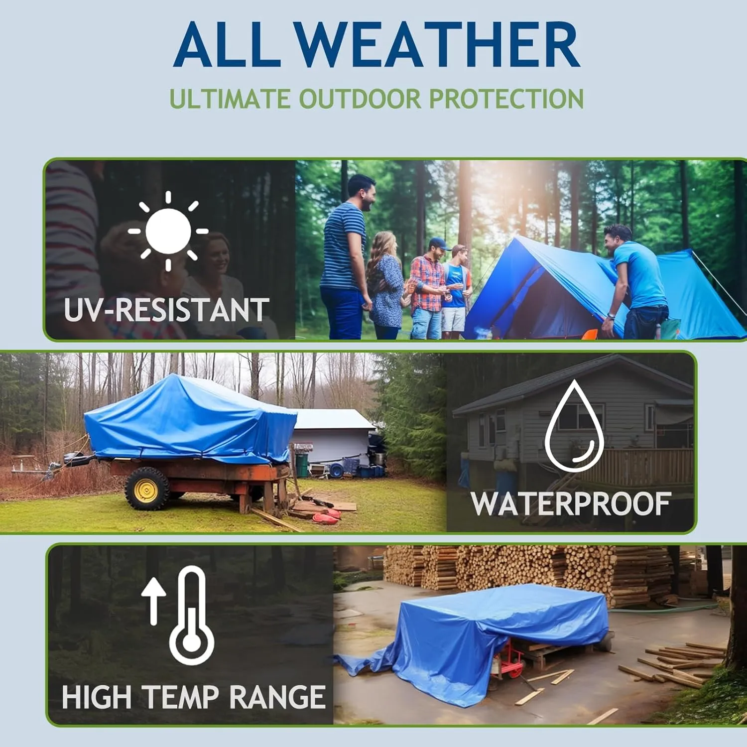 2 Pack 8' x 10' Waterproof Tarps, Finished Size Tarp Cover with Grommets Reinforced Edges, 5 MIL Multipurpose Light Duty Tarpaulin for Car, Camping, Boat, Roof, Protective Cover - Blue