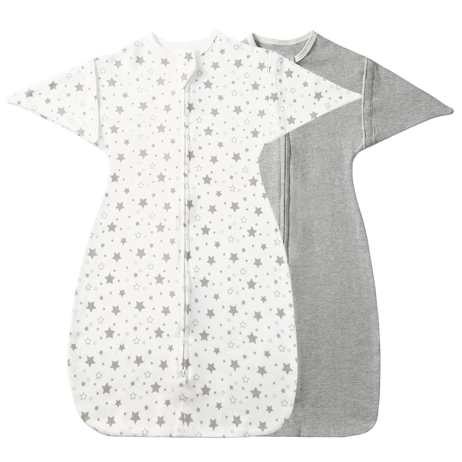 2 Pack Transition Swaddle with 2 Way Zipper, 100% Cotton Baby Arms in/Out Free Design Transitional Swaddle, Arms Up Sleeping Sack Baby Sleep Sack (Gray & Star, Small 3-6 Months)