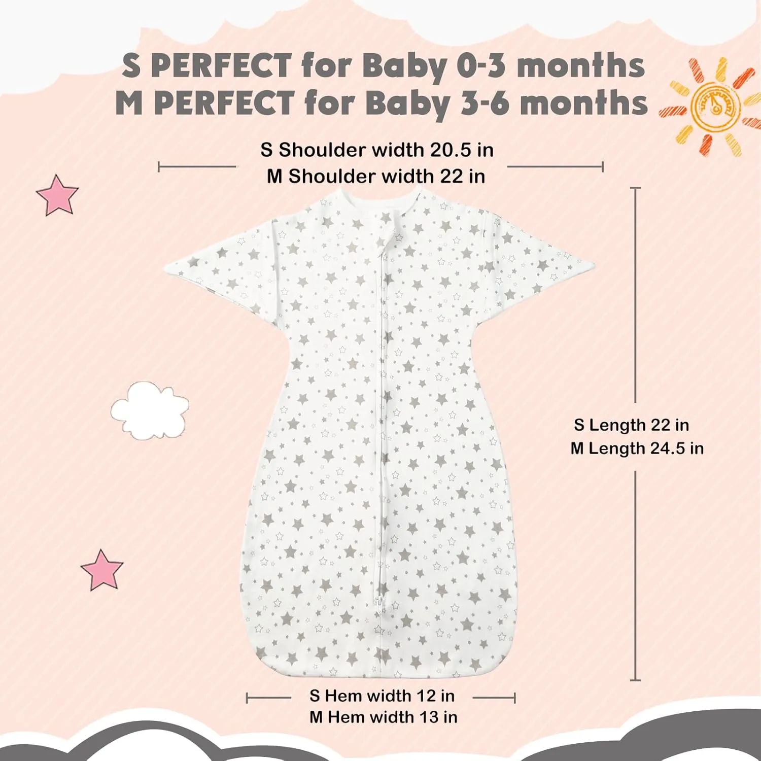 2 Pack Transition Swaddle with 2 Way Zipper, 100% Cotton Baby Arms in/Out Free Design Transitional Swaddle, Arms Up Sleeping Sack Baby Sleep Sack (Gray & Star, Small 3-6 Months)