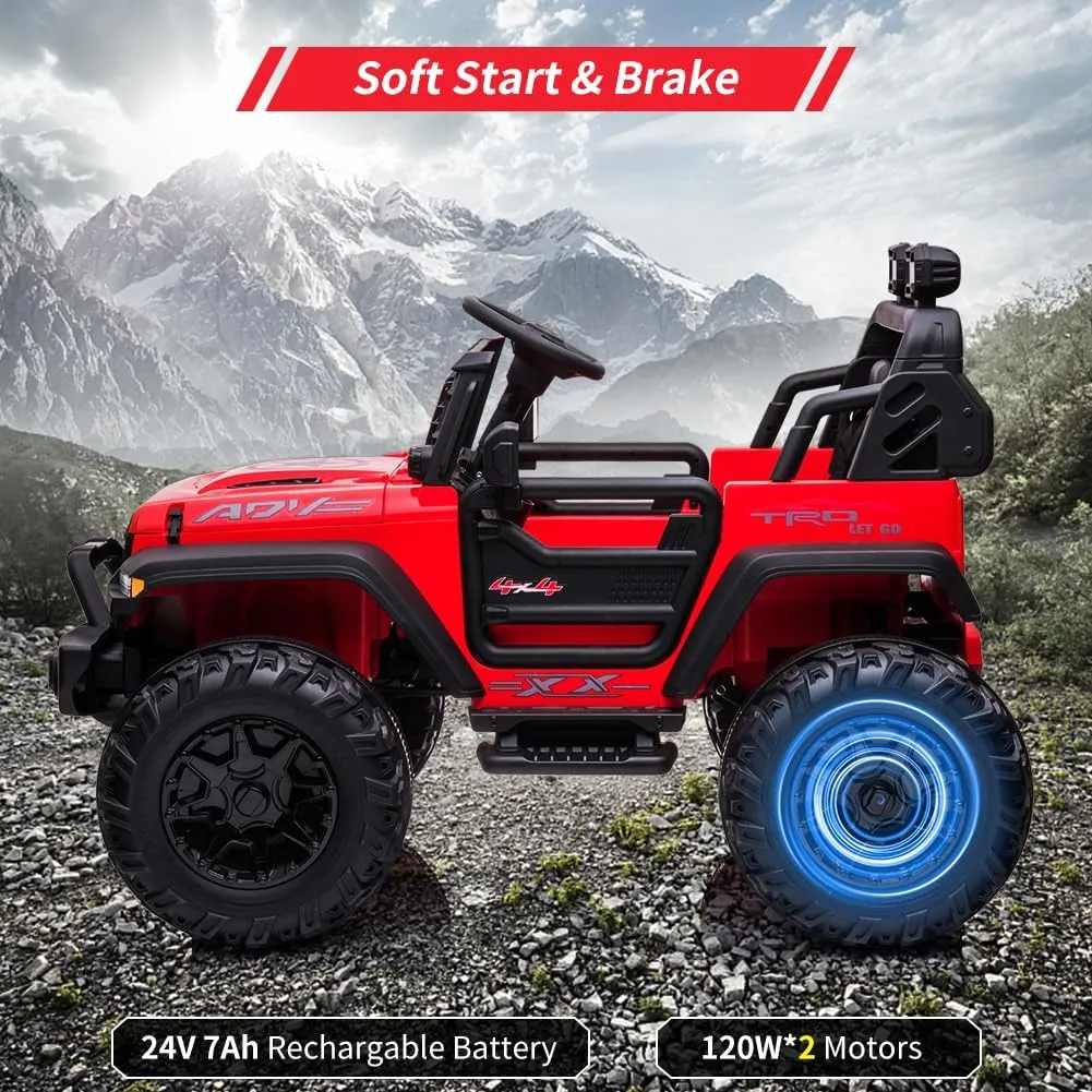 2 Seaters Kids Ride On Truck with Remote Control, 24V 9Ah 20" Large Seat   15.5" Large Wheels, Electric Riding Car with Led Light,Storage Space, Bottle Holder,Music, Horn,USB for Toddlers Gift,Red