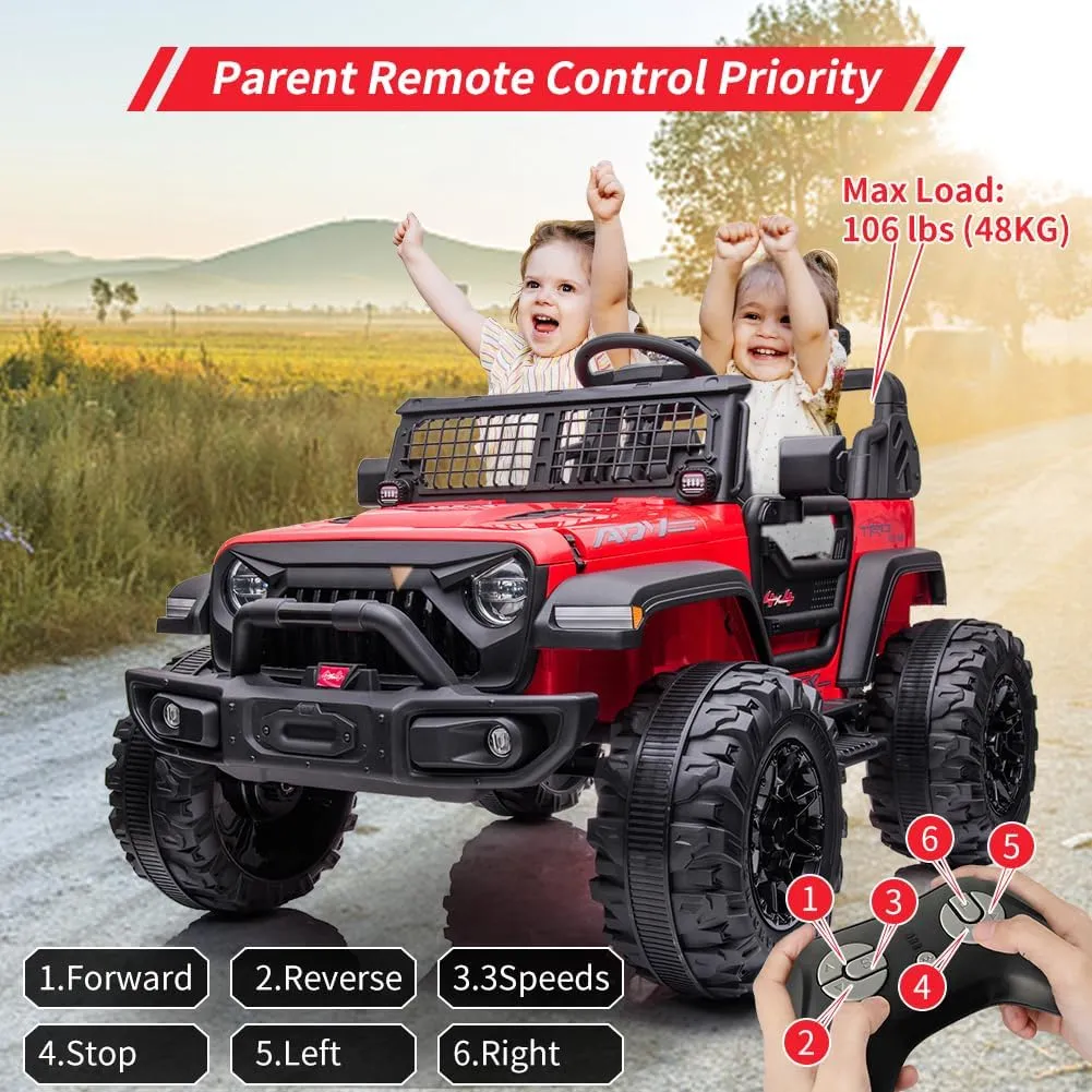 2 Seaters Kids Ride On Truck with Remote Control, 24V 9Ah 20" Large Seat   15.5" Large Wheels, Electric Riding Car with Led Light,Storage Space, Bottle Holder,Music, Horn,USB for Toddlers Gift,Red