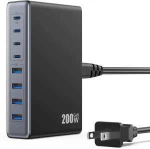 200W USB C Charger Block,GaN IV Charging Station 8 Ports,QC4.0 Fast Charging Station Hub PD 65W USB C Laptop Charger Adapter Compatible with MacBook Air/Pro,DELL,iPhone 16/15,iPad,Steam Deck-Black