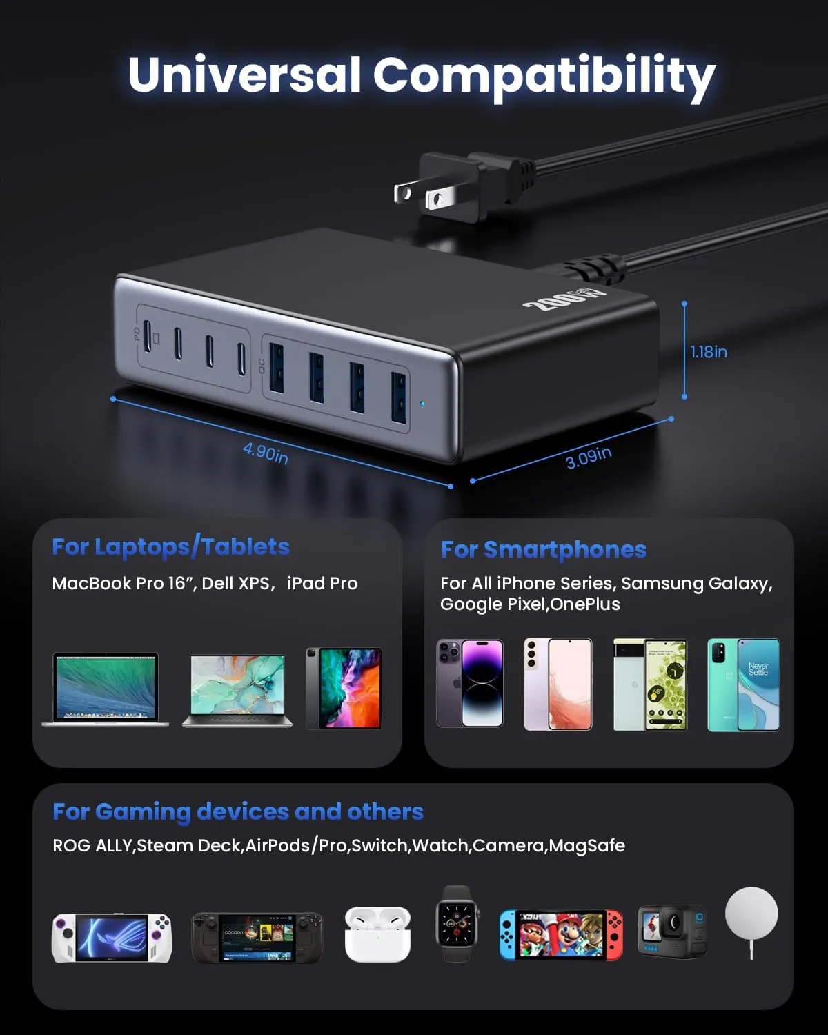 200W USB C Charger Block,GaN IV Charging Station 8 Ports,QC4.0 Fast Charging Station Hub PD 65W USB C Laptop Charger Adapter Compatible with MacBook Air/Pro,DELL,iPhone 16/15,iPad,Steam Deck-Black